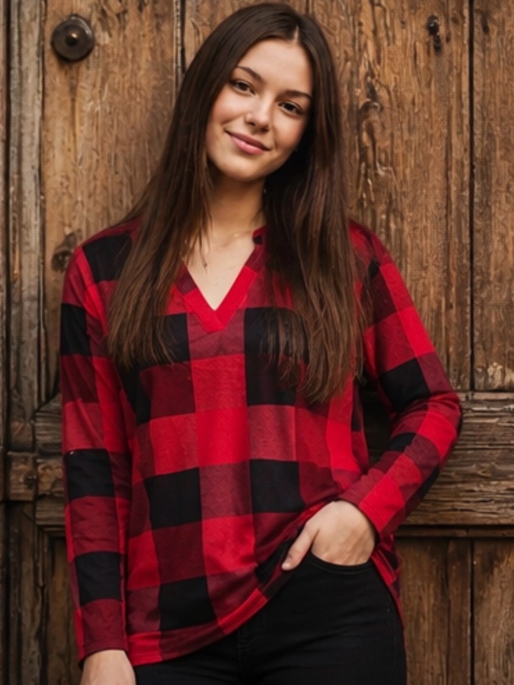 Buffalo Plaid Blouse V Neck Roll Tab Long Sleeve High Low Womens Large NWOT